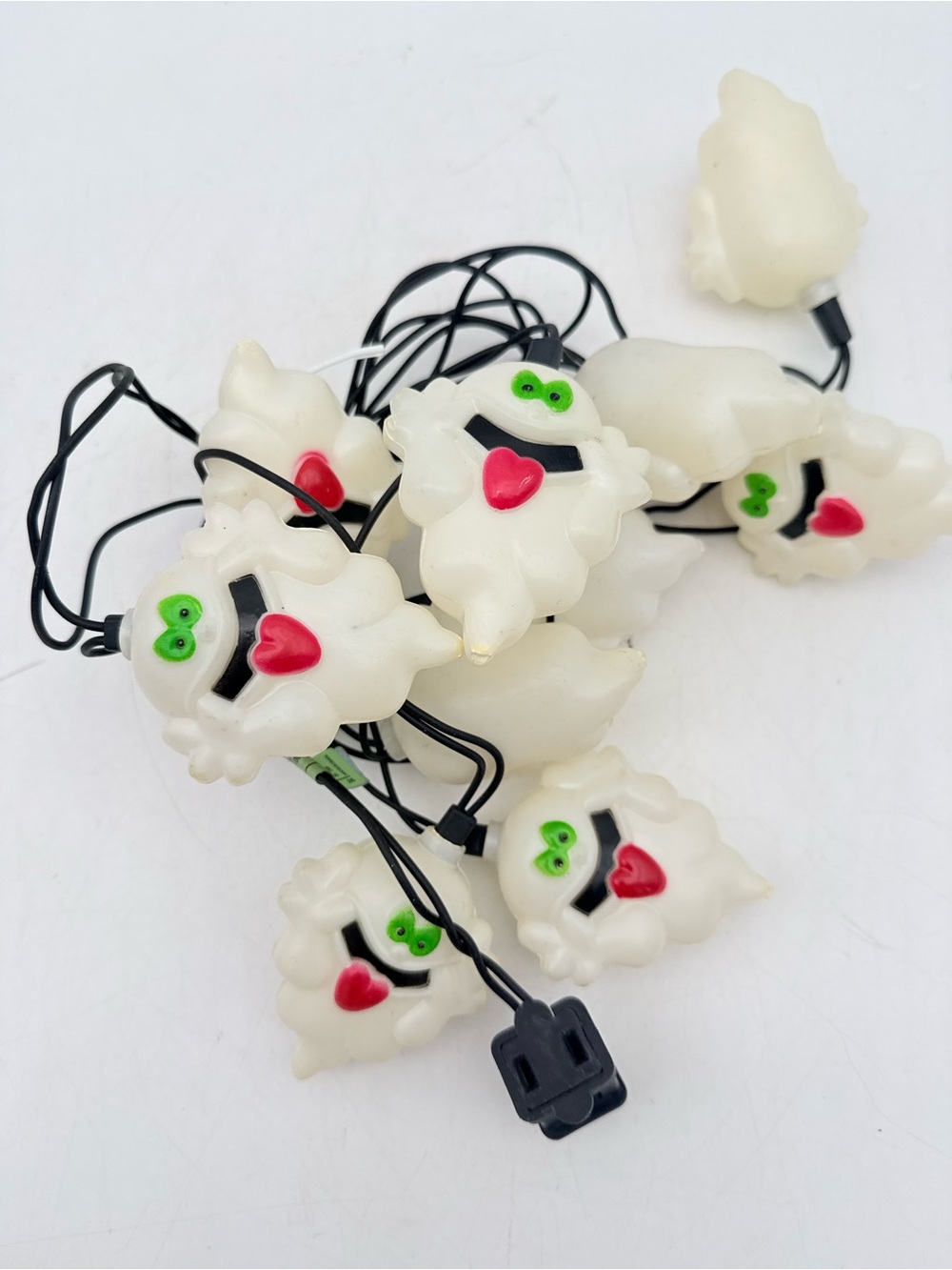 Vintage White Ghost String Lights with Green Eyes & Red Hearts - non functional